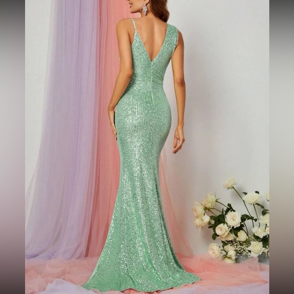 Luxe party bridesmaids prom slit thigh sequins gown  dress - Picture 8 of 16